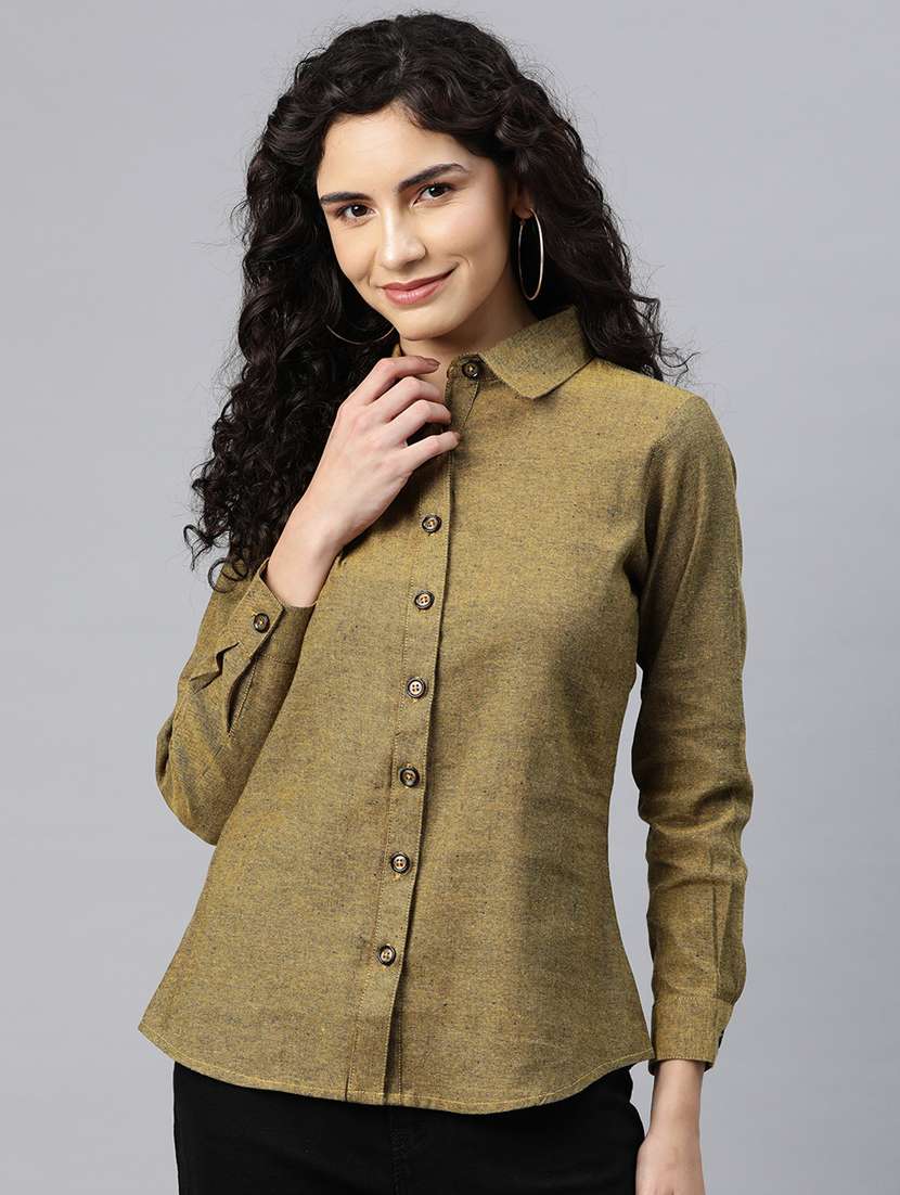 women olive solid collared long sleeve shirt - 20135570 -  Zoom Image - 0
