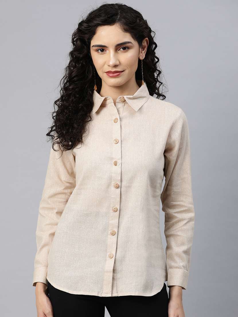 beige solid shirt collar regular top