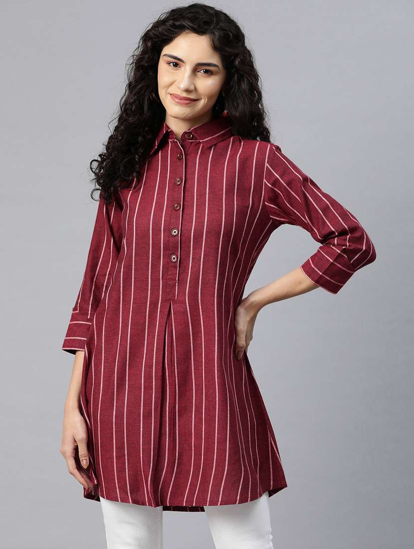 women maroon regular fit striped a-line shirt collar tunic