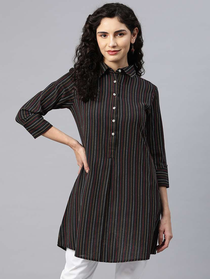 women black striped three quarter sleeve a-line kurti - 20135586 -  Zoom Image - 0