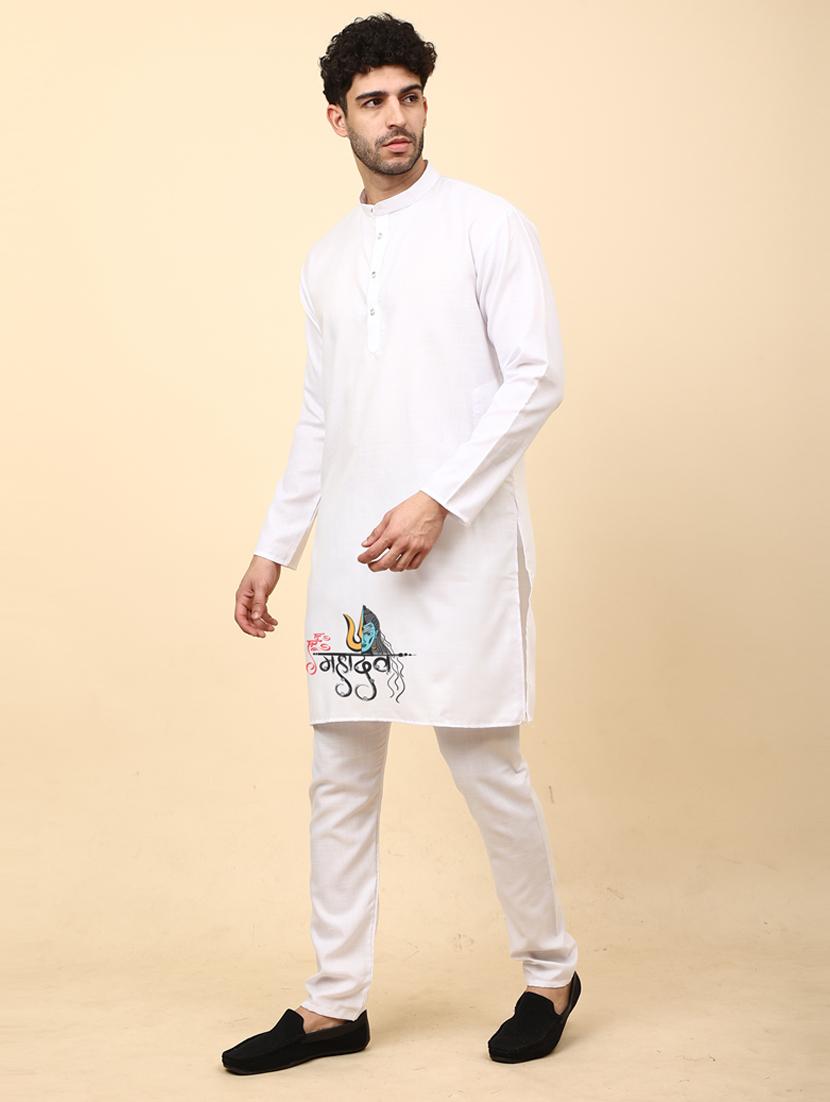 white cotton blend kurta pyjama ethnic wear set - 20136436 - Standard Image - 2