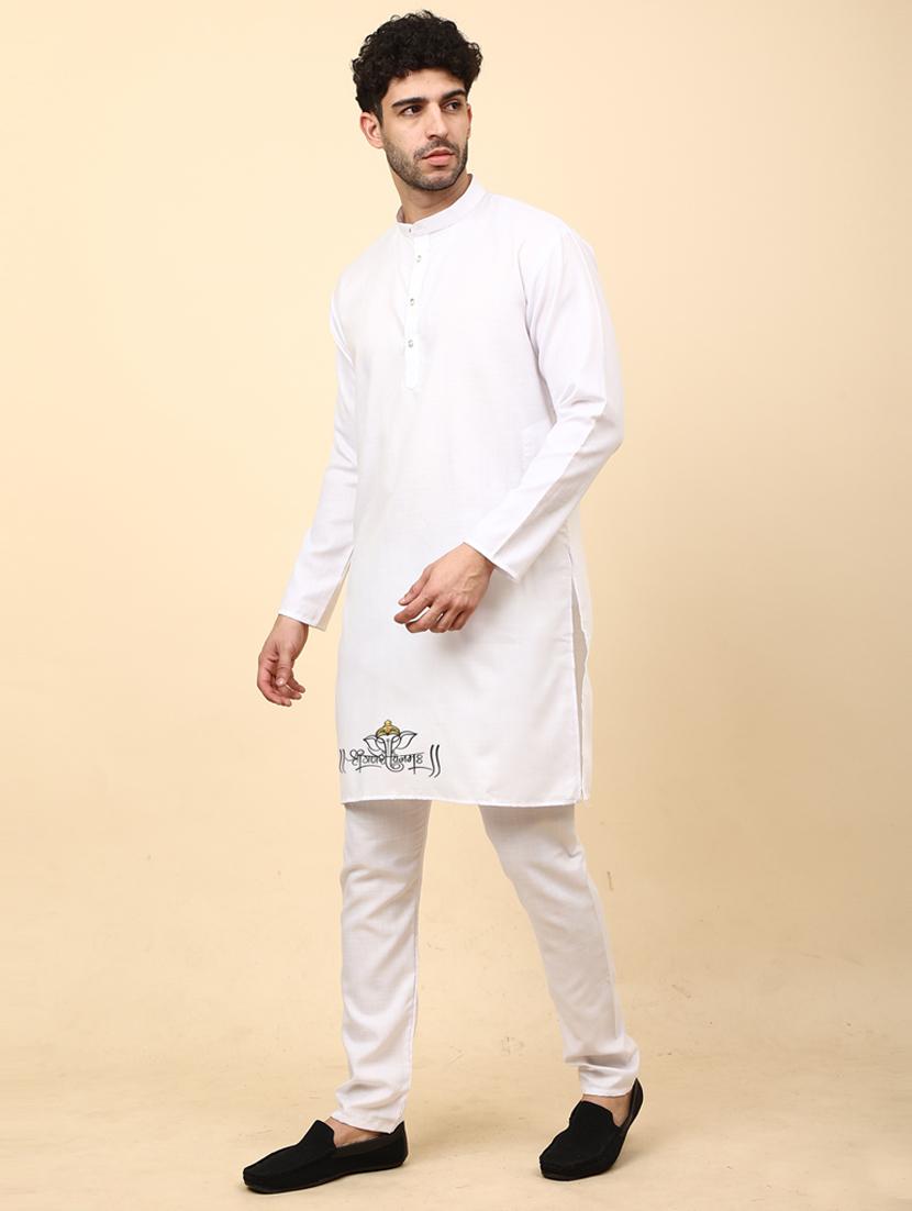 white cotton blend kurta pyjama ethnic wear set - 20136444 - Standard Image - 2
