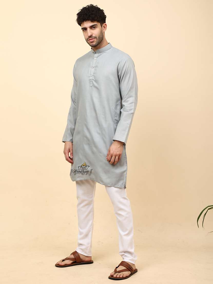 grey cotton blend kurta pyjama ethnic wear set - 20136450 -  Standard Image - 2