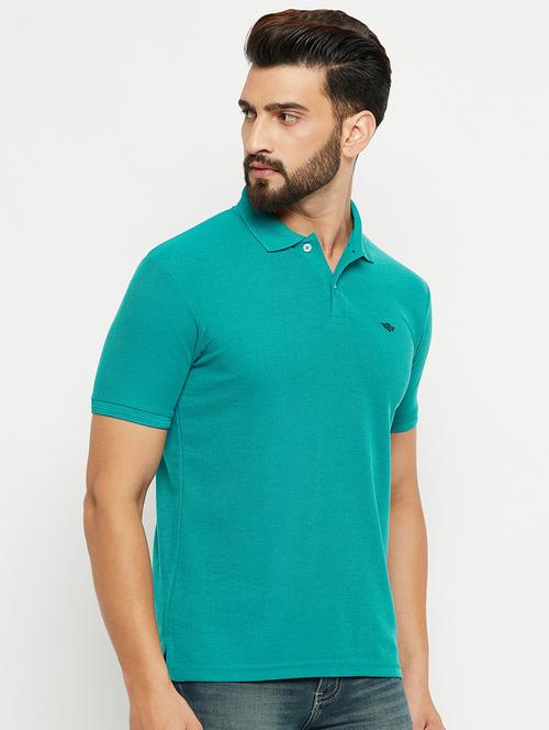 men turquoise slim fit solid polo t-shirt - 20136454 - Standard Image - 0