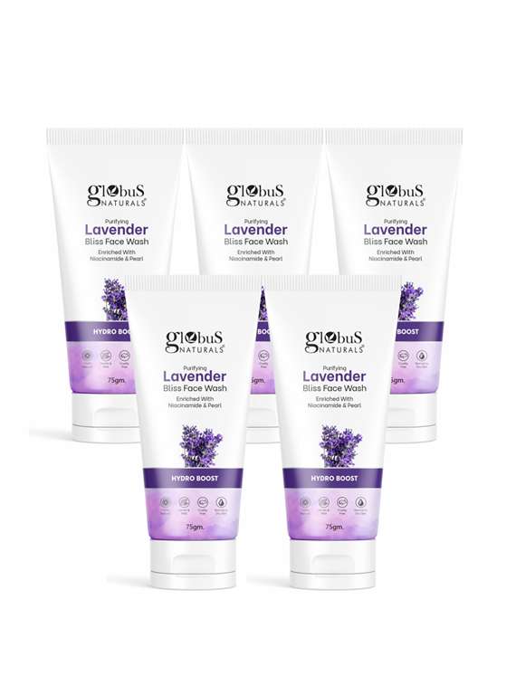 globus naturals purifying lavender face wash, enriched with niacinamide & pearl, 75 gm , set of 5