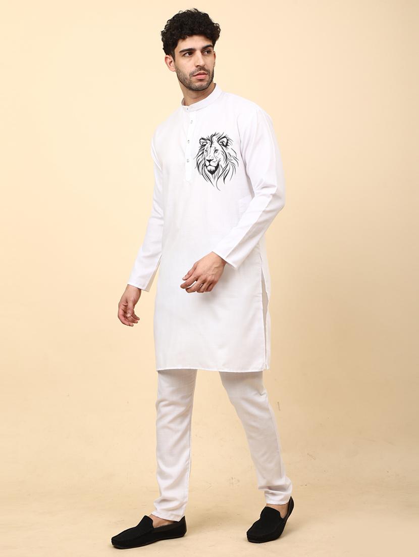 white cotton blend kurta pyjama ethnic wear set - 20136710 - Standard Image - 2