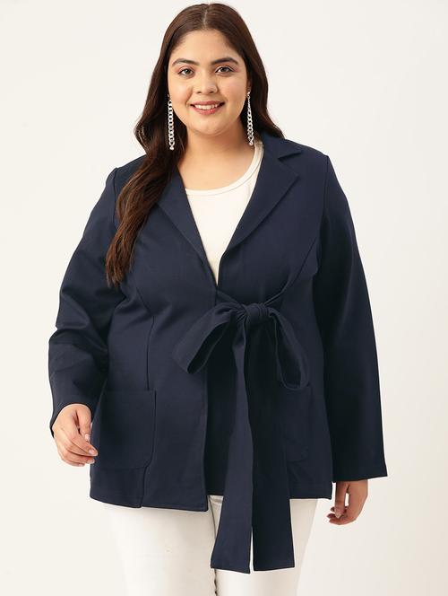  womens navy blue plus size solids tie-up shrug - 20136778 -  Standard Image - 0