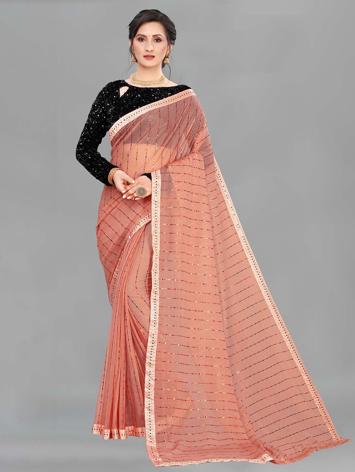 peach self design woven saree with blouse