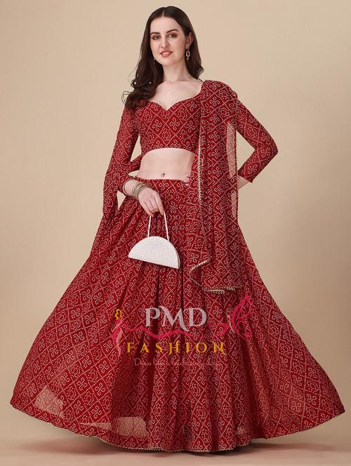 red bandhani flared lehenga - 20136990 -  Standard Image - 0
