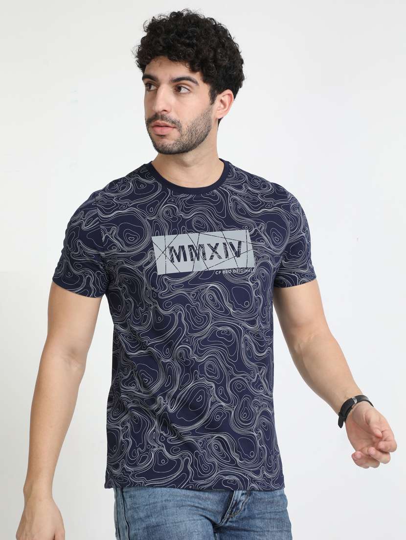 navy blue printed short sleeve t-shirt
