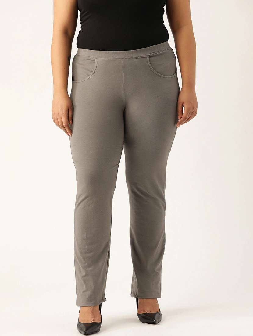 plus size grey solid full length trouser - 20148618 - Zoom Image - 0