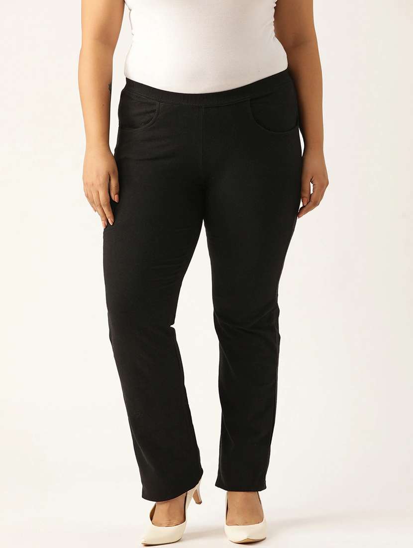 plus size black solid full length trouser