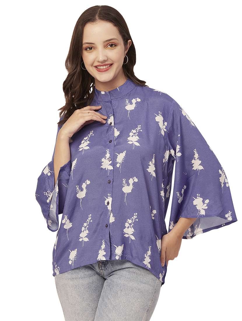 lavender mandarin neck florals printed shirt