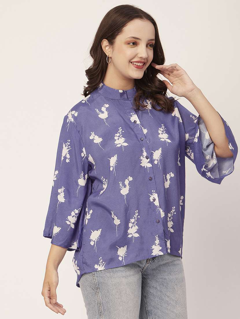 lavender mandarin neck florals printed shirt - 20148977 -  Standard Image - 2