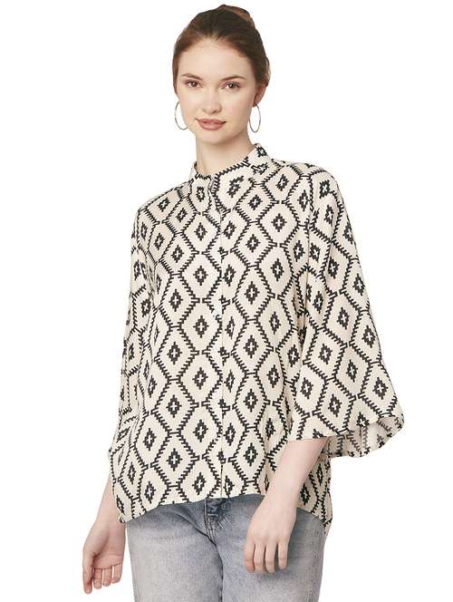 beige mandarin neck printed shirt - 20148978 -  Standard Image - 0
