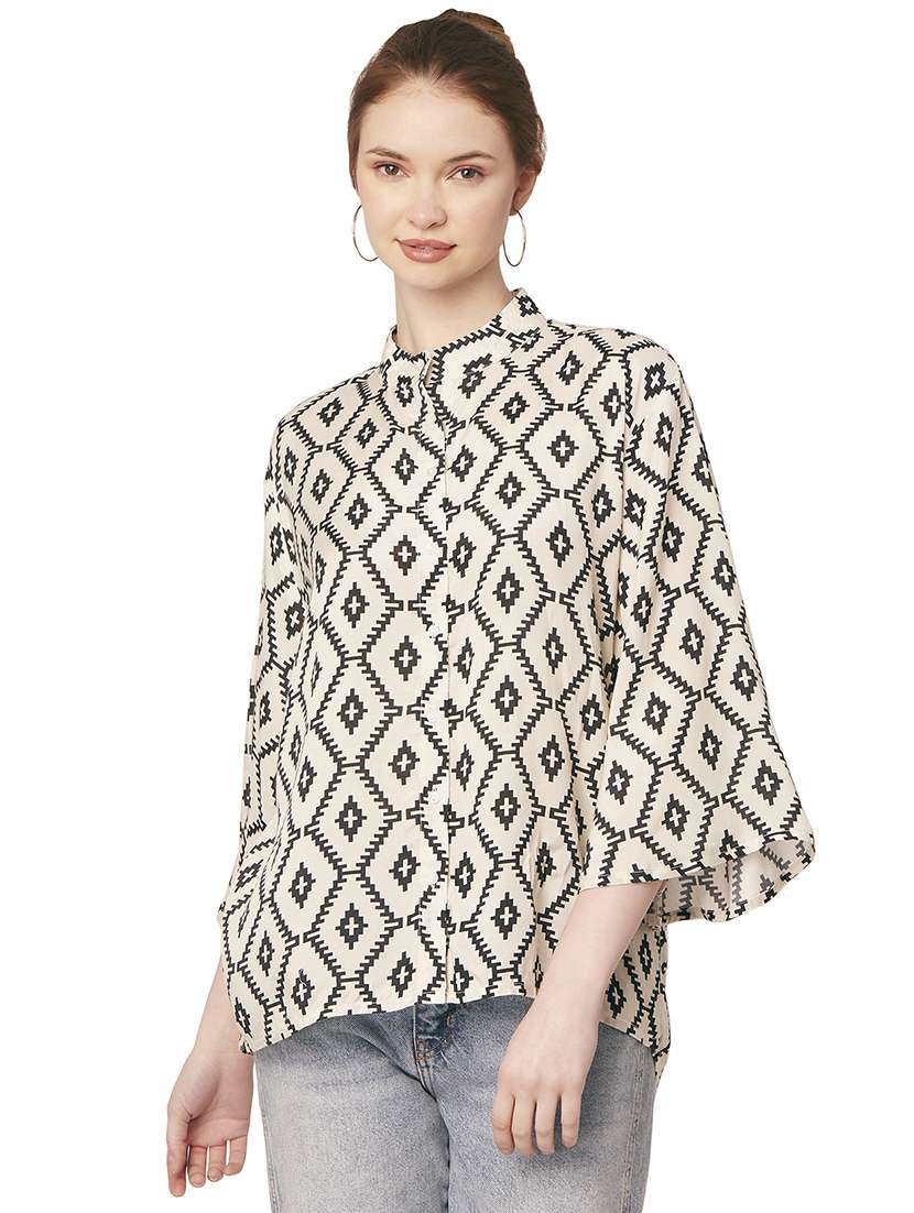 beige mandarin neck printed shirt