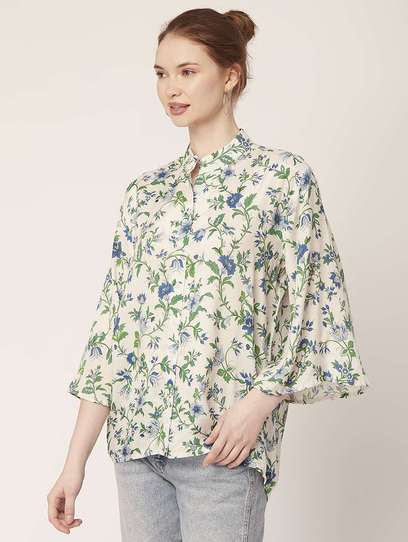 white mandarin neck florals printed shirt - 20148981 -  Standard Image - 2
