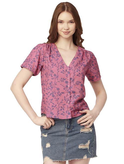 pink floral print v neck regular fit top - 20149011 - Standard Image - 0