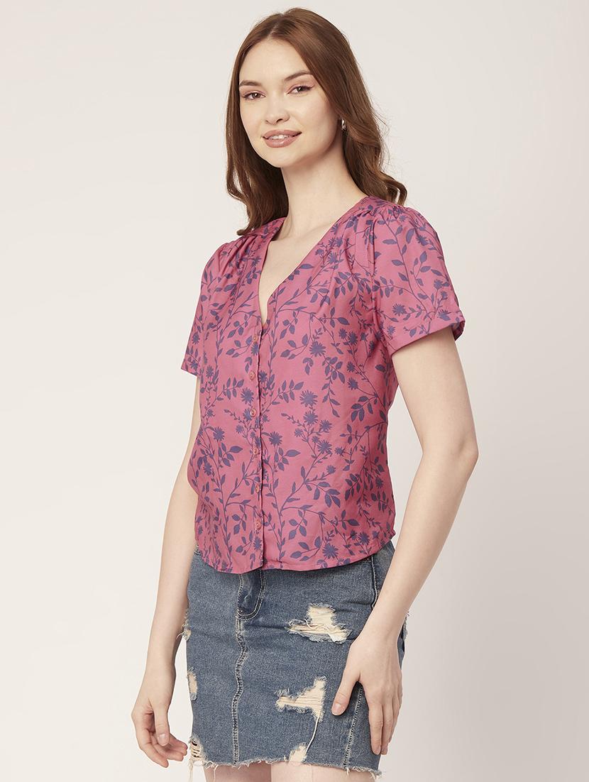 pink floral print v neck regular fit top - 20149011 - Standard Image - 2