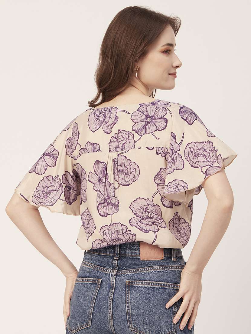 beige floral print bell sleeves regular fit top - 20149027 -  Standard Image - 2