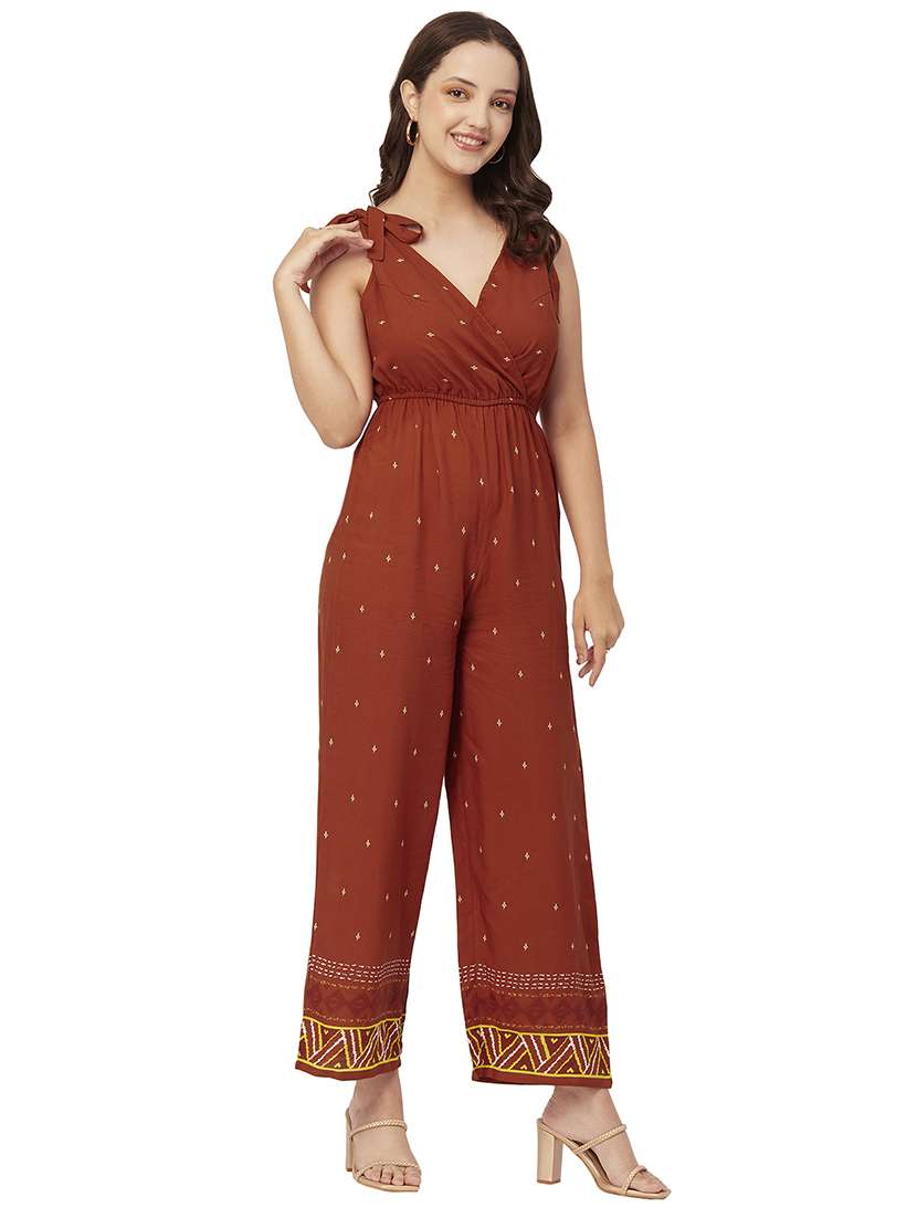 orange printed backless full length jumpsuit