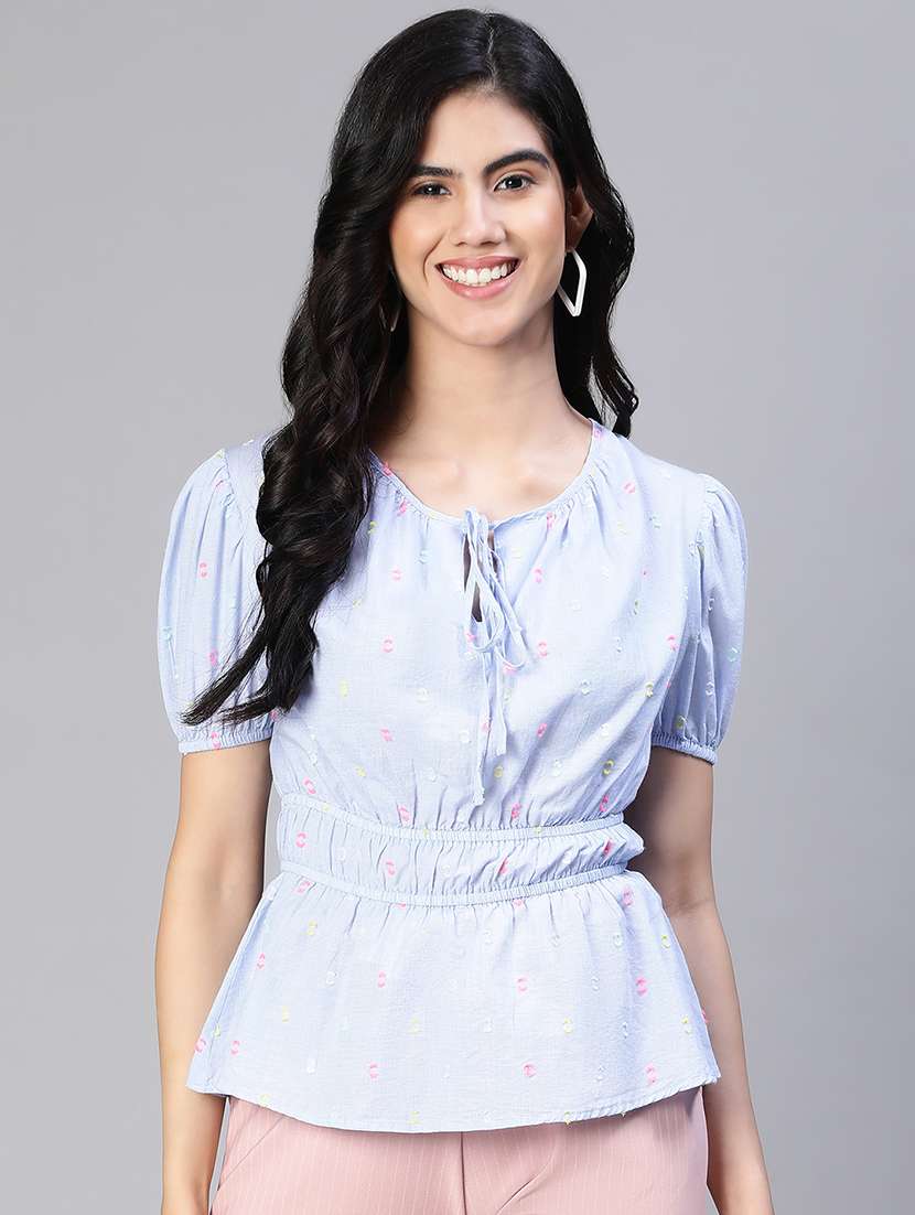 women's peplum tie-up neck top