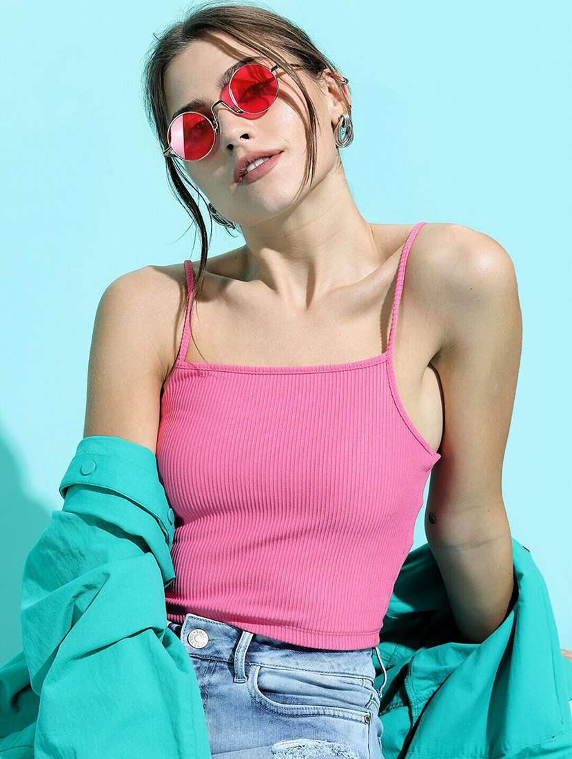 pink solid shoulder strap regular fit crop top - 20149598 -  Standard Image - 2