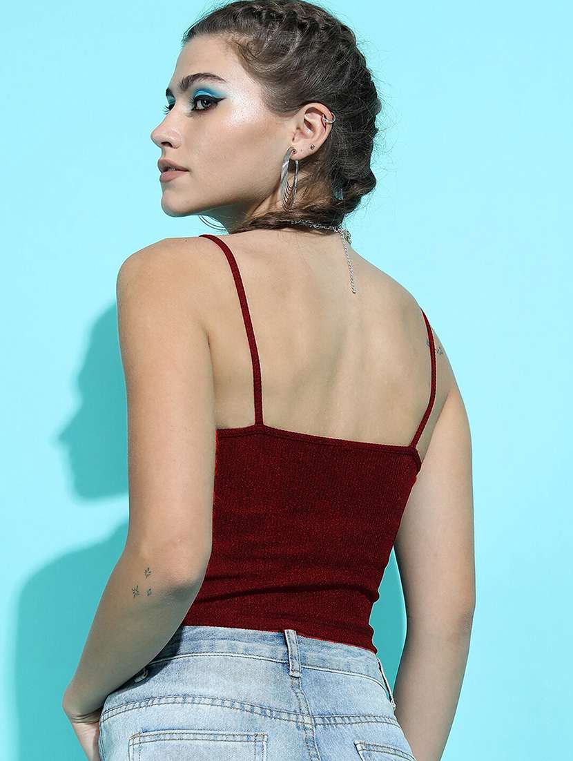 maroon solid shoulder strap regular fit crop top - 20149599 -  Standard Image - 2