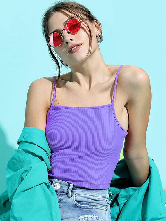 purple solid shoulder strap regular fit crop top - 20149600 -  Standard Image - 2