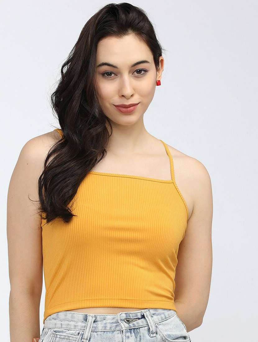 yellow solid shoulder strap regular fit crop top