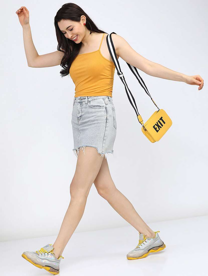 yellow solid shoulder strap regular fit crop top - 20149607 -  Standard Image - 2