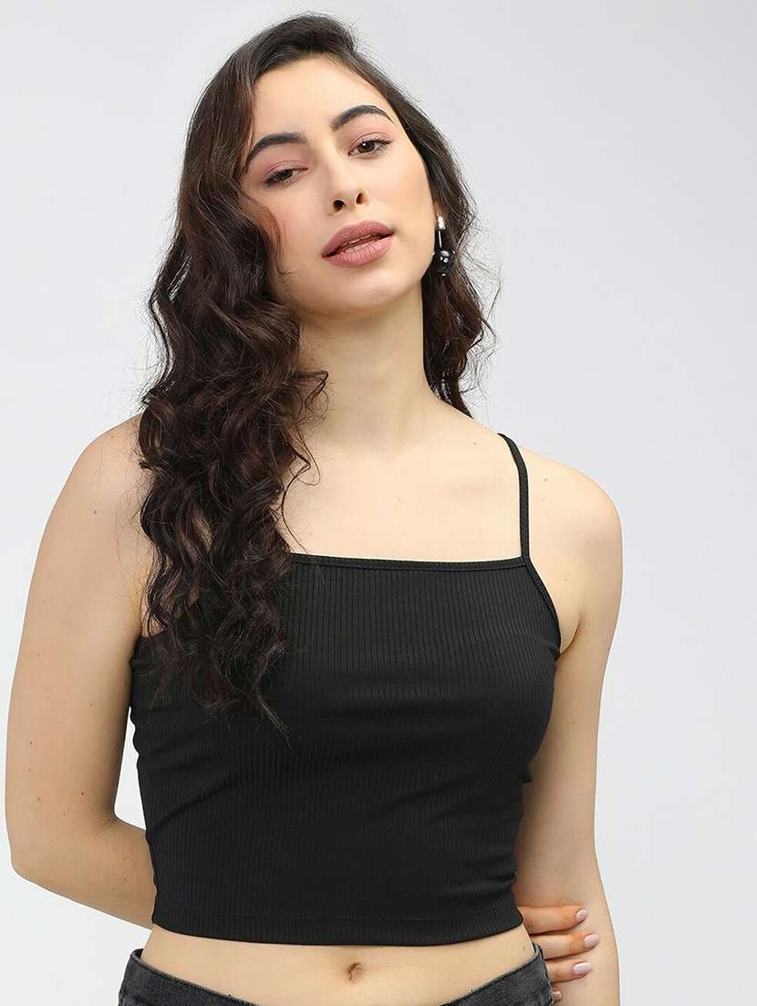 black solid shoulder strap regular fit crop top