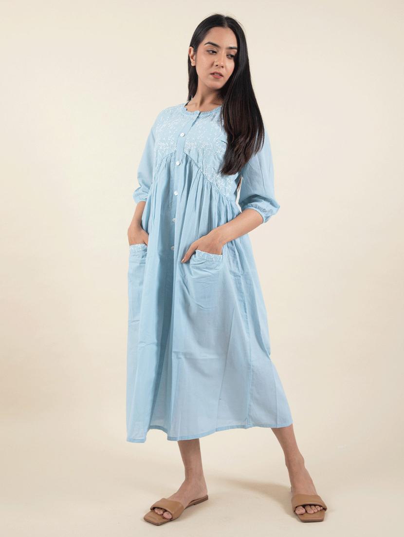 blue solids a-line ethnic dress - 20150598 - Standard Image - 2