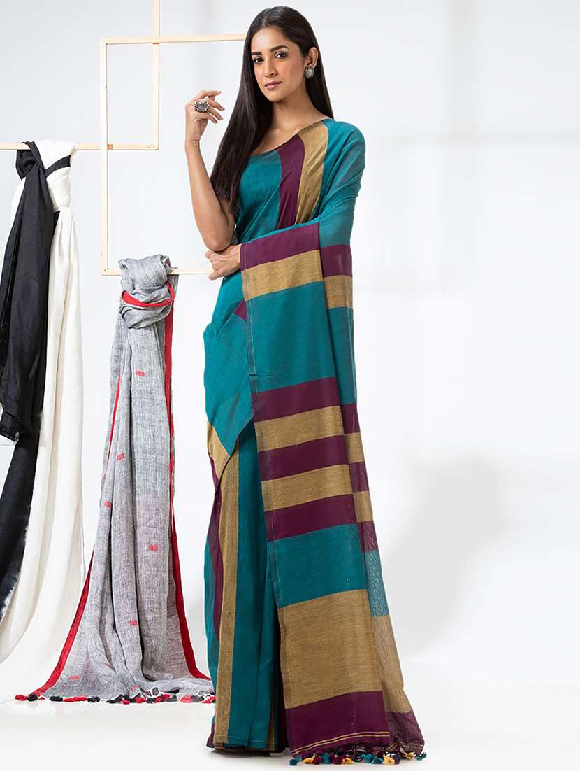 women's stripes blue colored saree