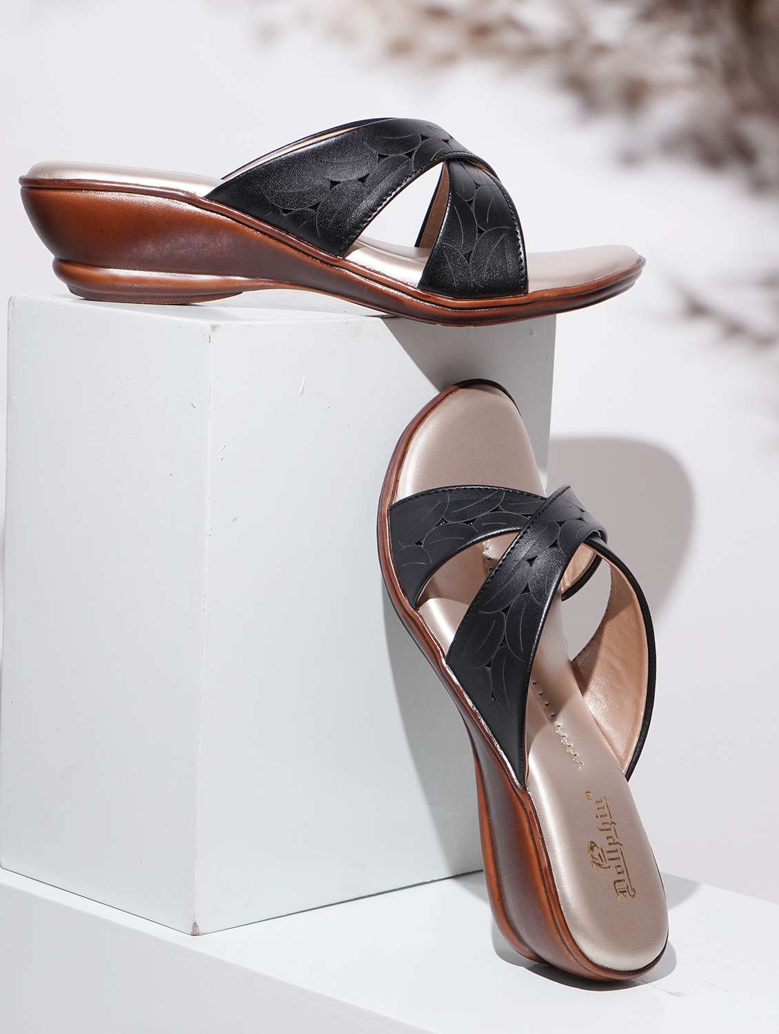 black fabric slip on sandals