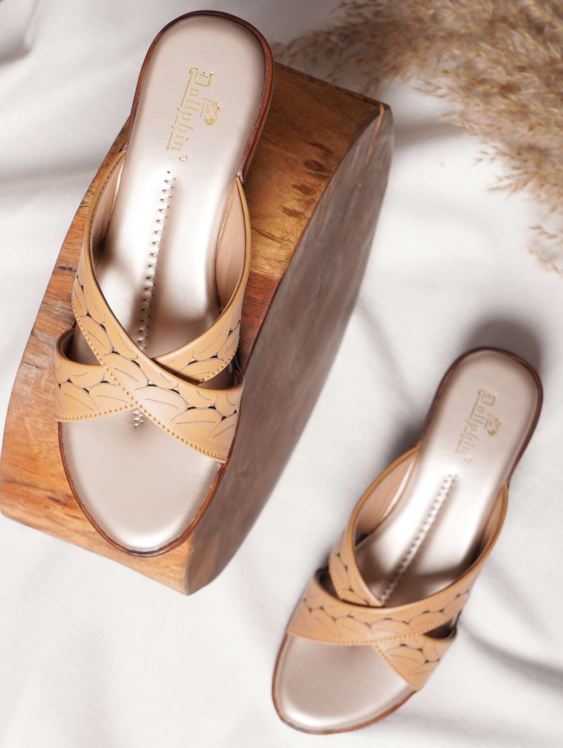 tan fabric slip on sandals