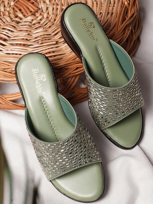 green pu slip on sandals - 20151196 -  Standard Image - 0