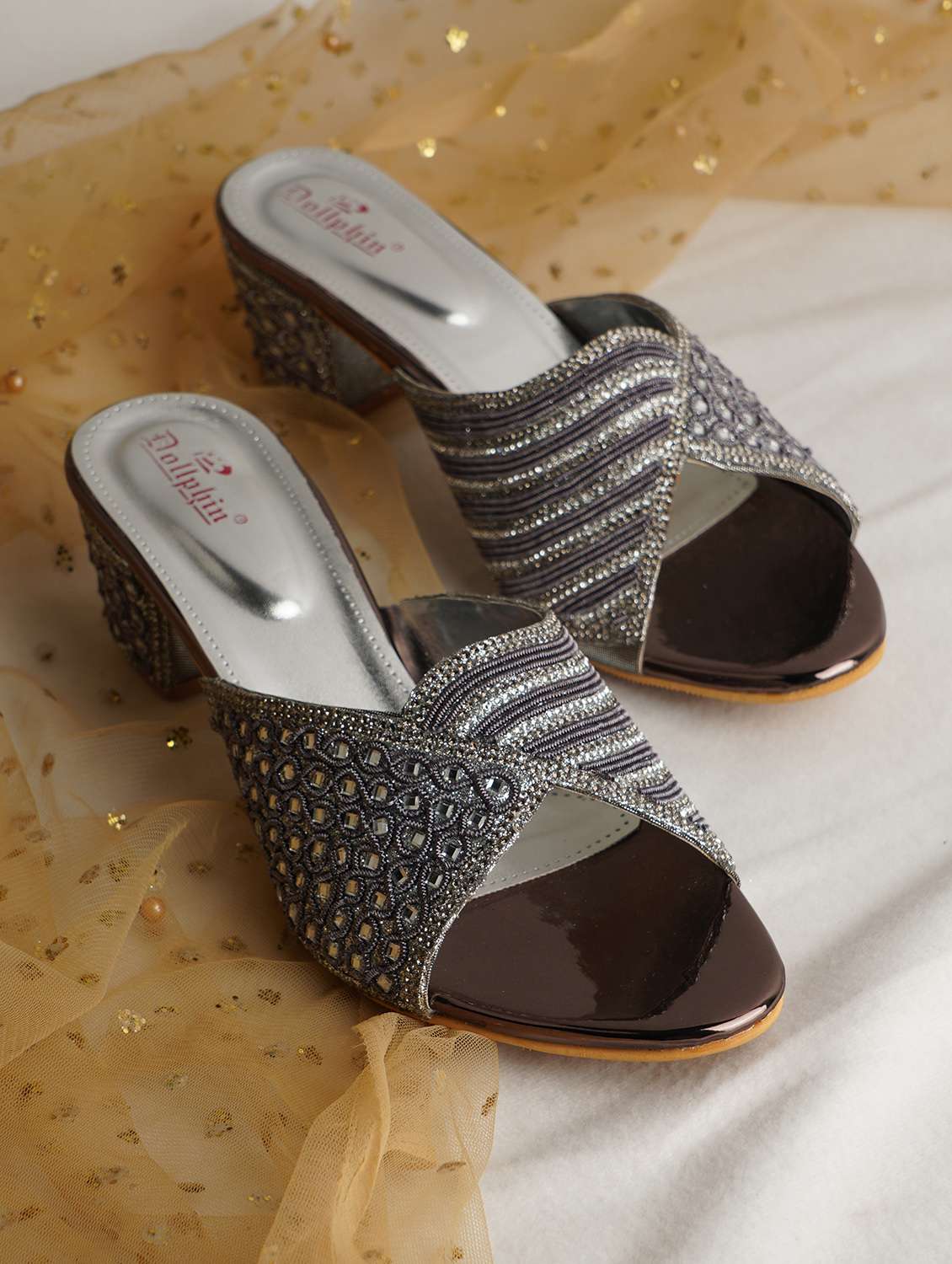 grey pu slip on sandals