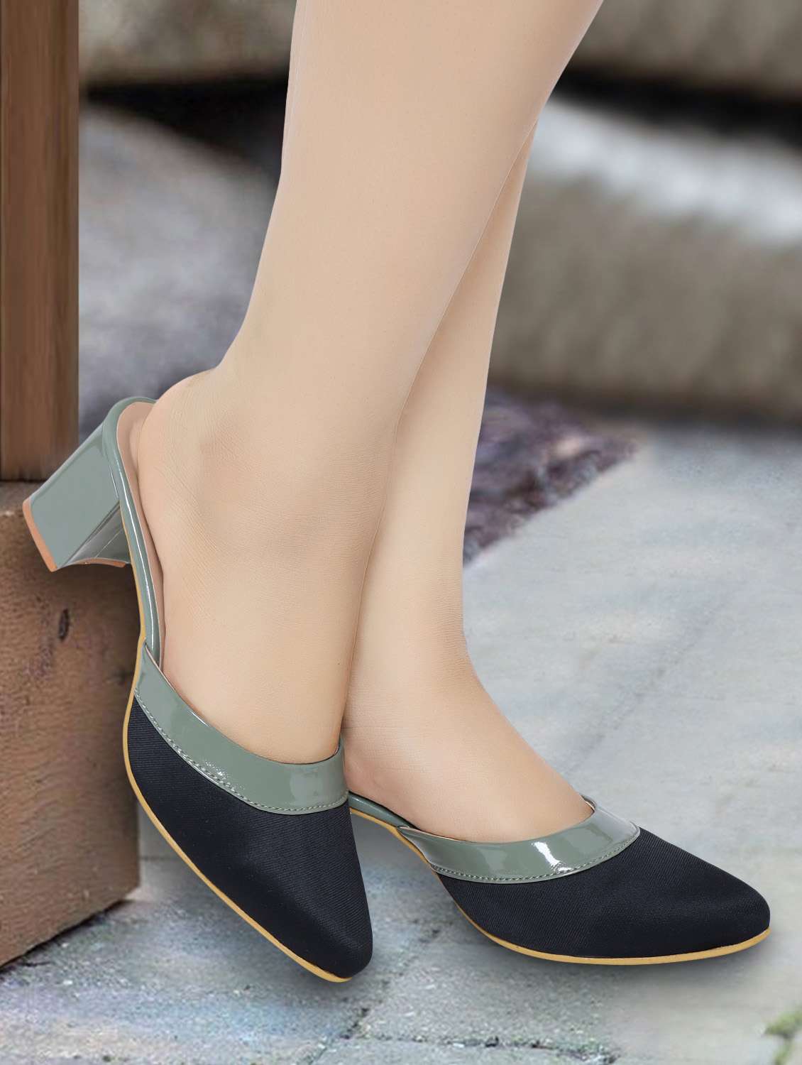 black solid mules block heel sandal