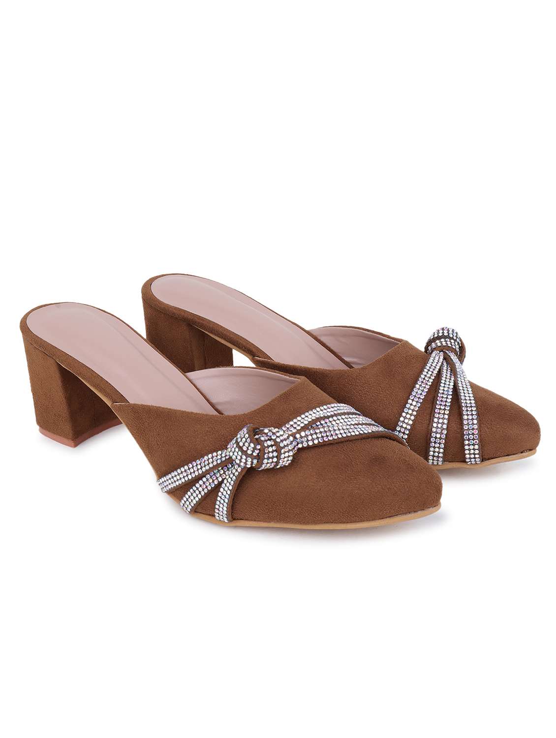 brown embellished solid mules block heel sandal - 20151669 -  Standard Image - 2