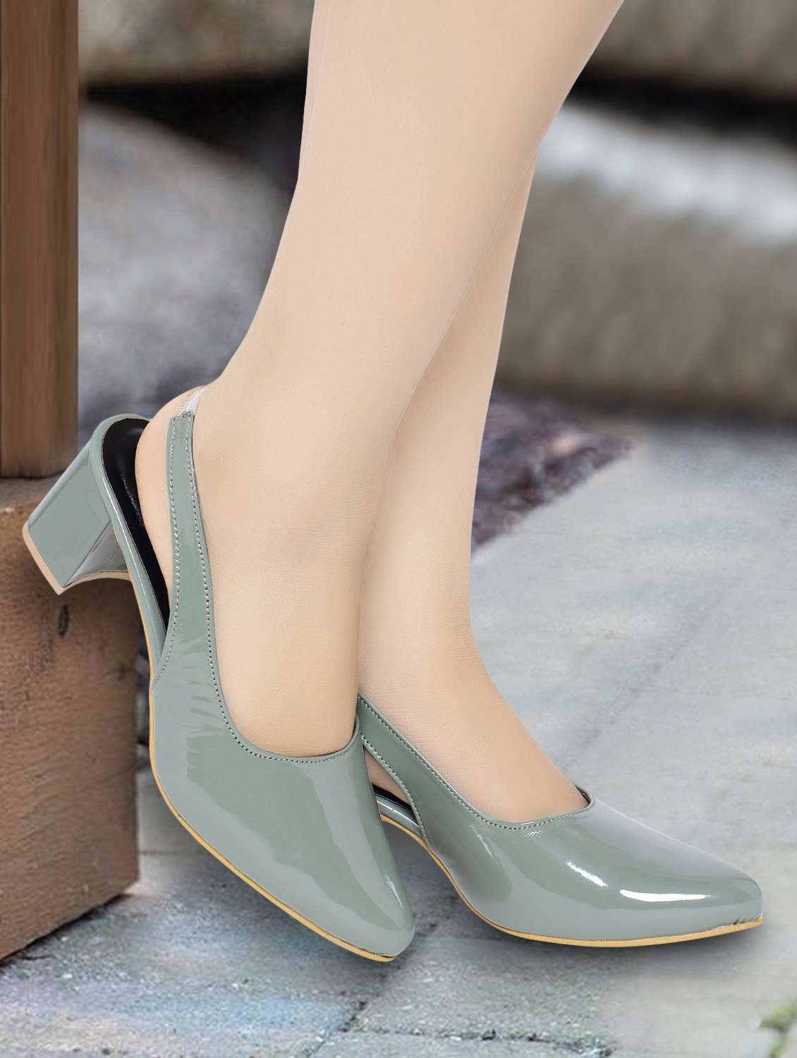 green mules block heel stretchable loop sandal