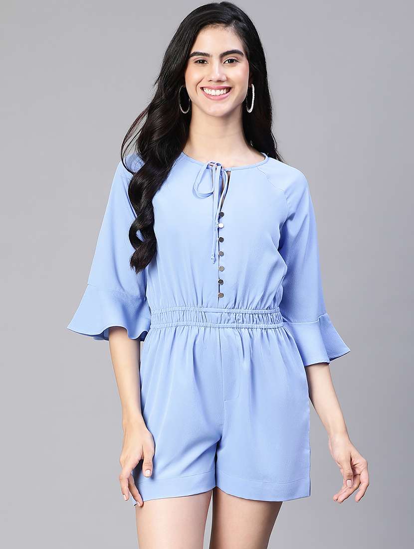 blue solid tie up neck bell sleeves romper 