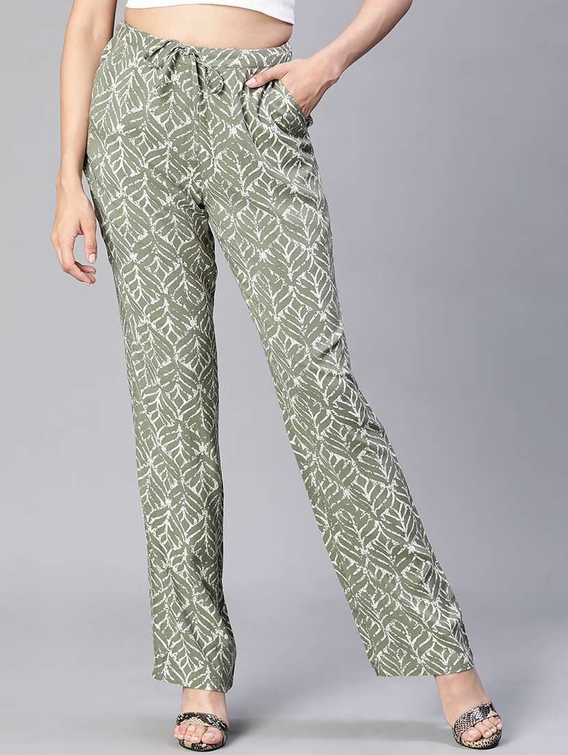 green printed flat front trouser