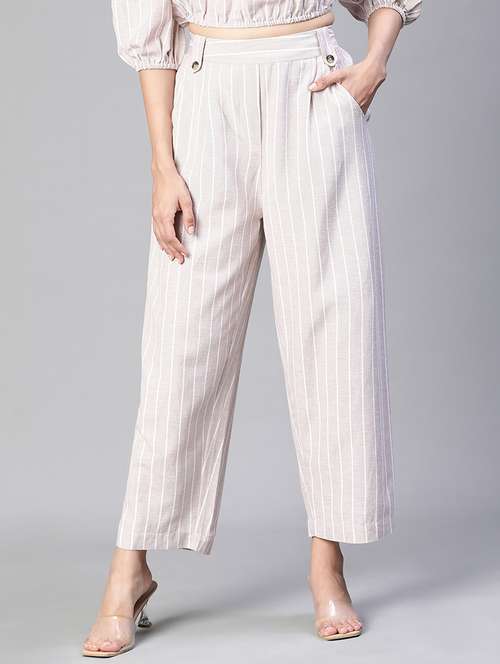 beige striped printed flat front trouser - 20152502 -  Standard Image - 0