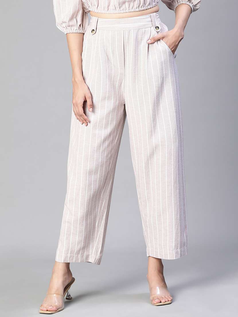 beige striped printed flat front trouser - 20152502 -  Zoom Image - 0