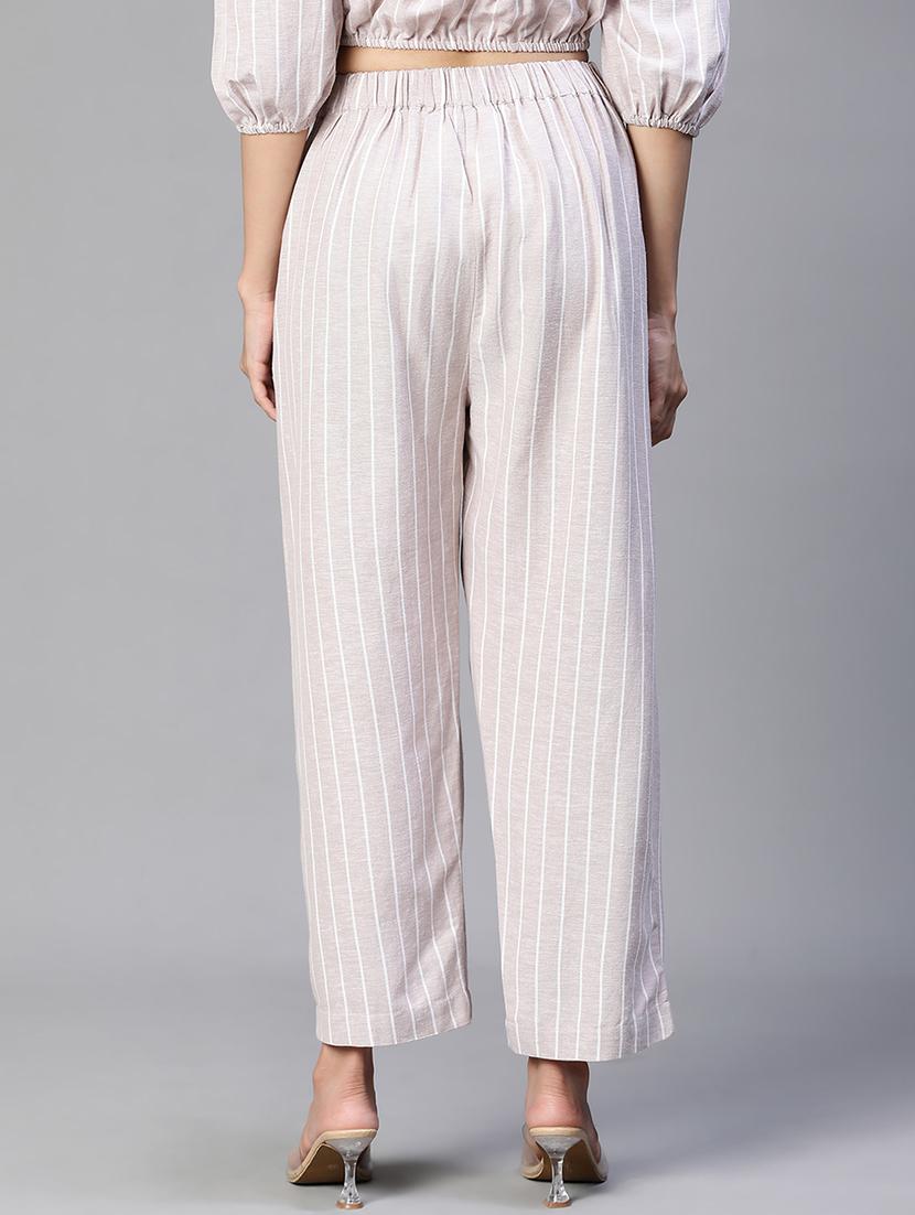 beige striped printed flat front trouser - 20152502 - Standard Image - 2