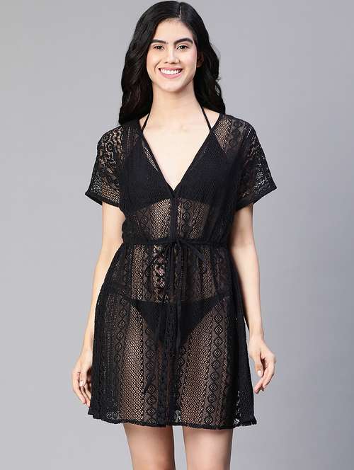 black lace v neck relaxed fit kaftan dress - 20152534 - Standard Image - 0