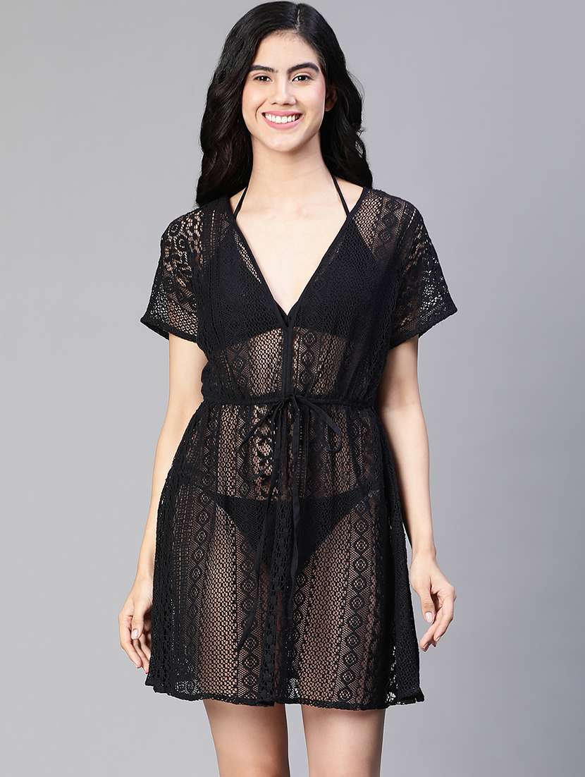 black lace v neck relaxed fit kaftan dress - 20152534 - Zoom Image - 0