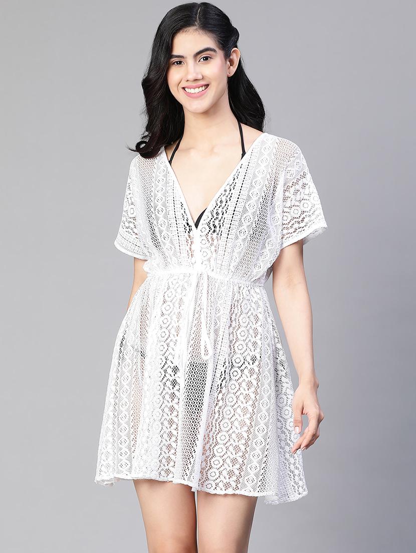 white lace v neck relaxed fit kaftan dress - 20152535 -  Zoom Image - 0