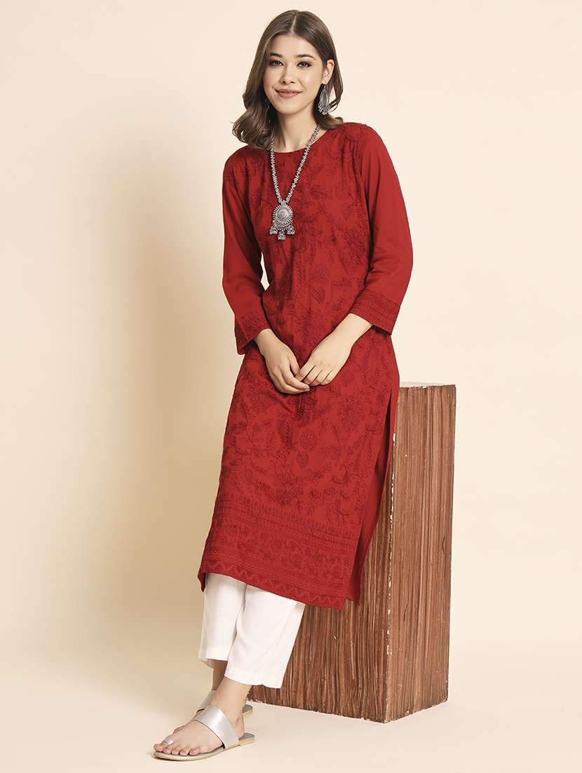 women round neck tonal embroidered straight kurta - 20152902 -  Standard Image - 2